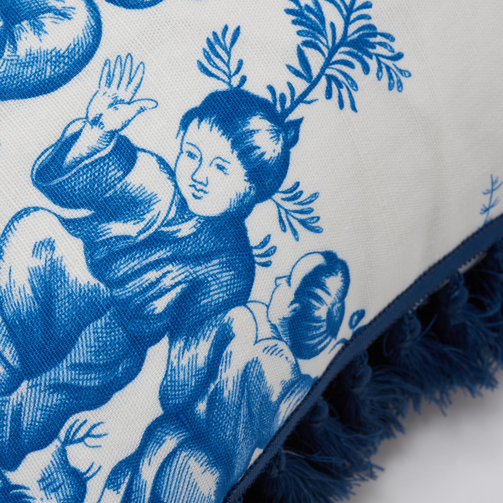 Moderne Oreiller en coton et lin bleu orné de l'imprimé 