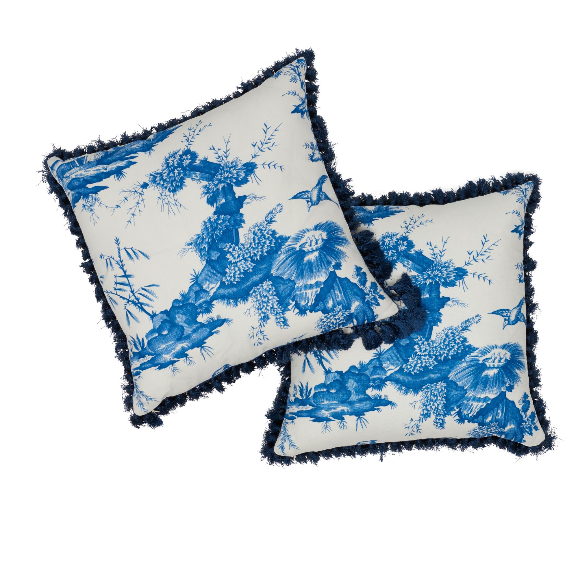 Schumacher Shengyou Toile Blue Linen Cotton Two-Sided Pillow In New Condition For Sale In New York, NY