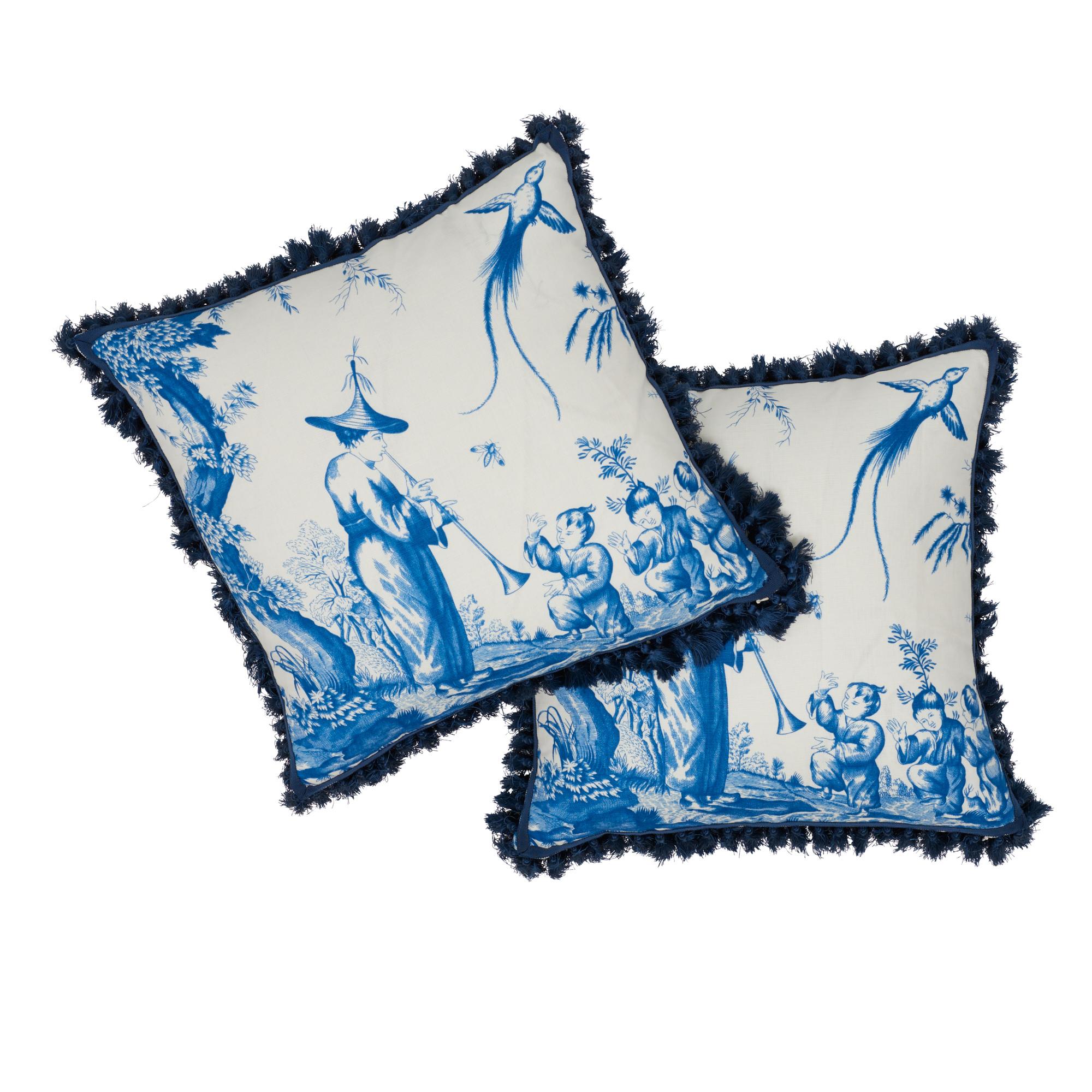 Contemporary Schumacher Shengyou Toile Blue Linen Cotton Two-Sided Pillow For Sale