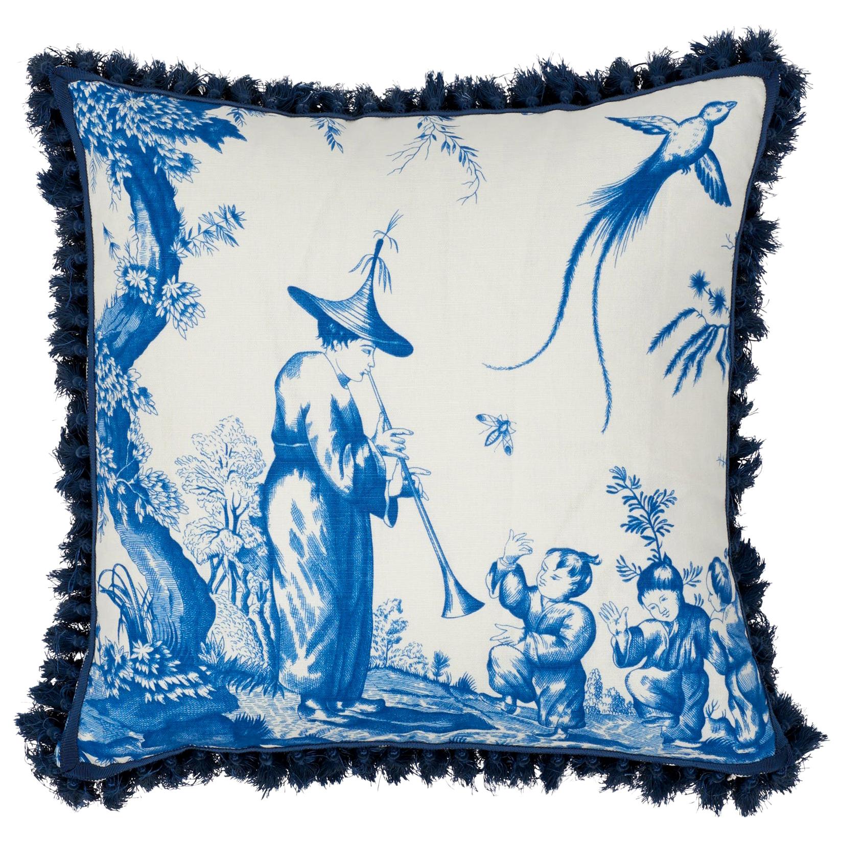 Schumacher Shengyou Toile Blue Linen Cotton Two-Sided Pillow