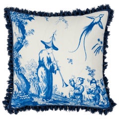 Oreiller en coton et lin bleu orné de l'imprimé "Shenghyou Toile" sur les deux faces, Schumacher