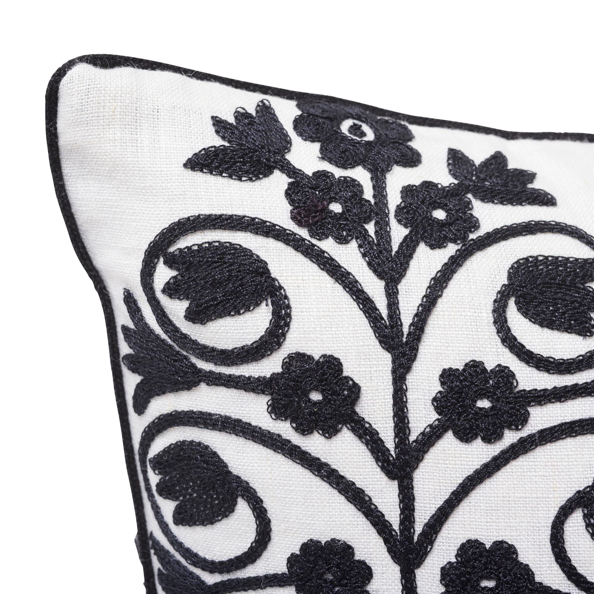 Modern Schumacher Talitha Embroidery Blackwork Two-Sided Linen Pillow For Sale