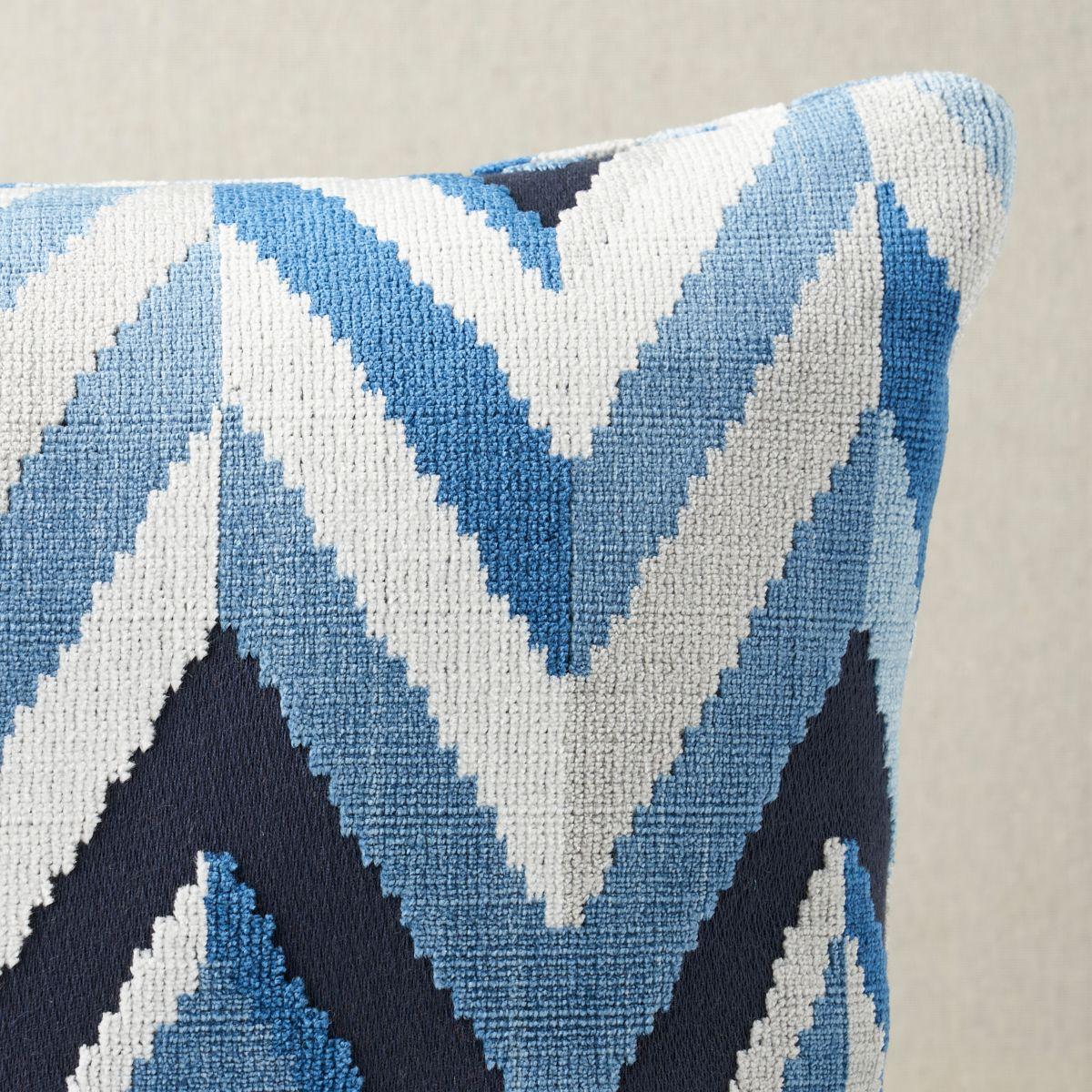 This pillow features Taylor Velvet with a knife edge finish. A fabulous take on a familiar motif, Taylor Velvet in lapis is a dynamic textural design with a unique, sophisticated look. Pillow includes a feather/down fill insert and hidden zipper