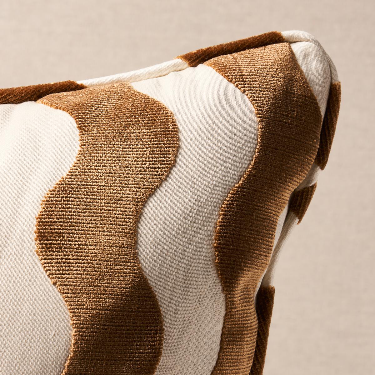 This pillow features The Wave Velvet by Miles Redd for Schumacher with a self welt finish. Pierre Cardin and Yves Saint Laurent designs from the 1970s inspired The Wave in camel, a chic and graphic cut velvet fabric created by Miles Redd. Pillow