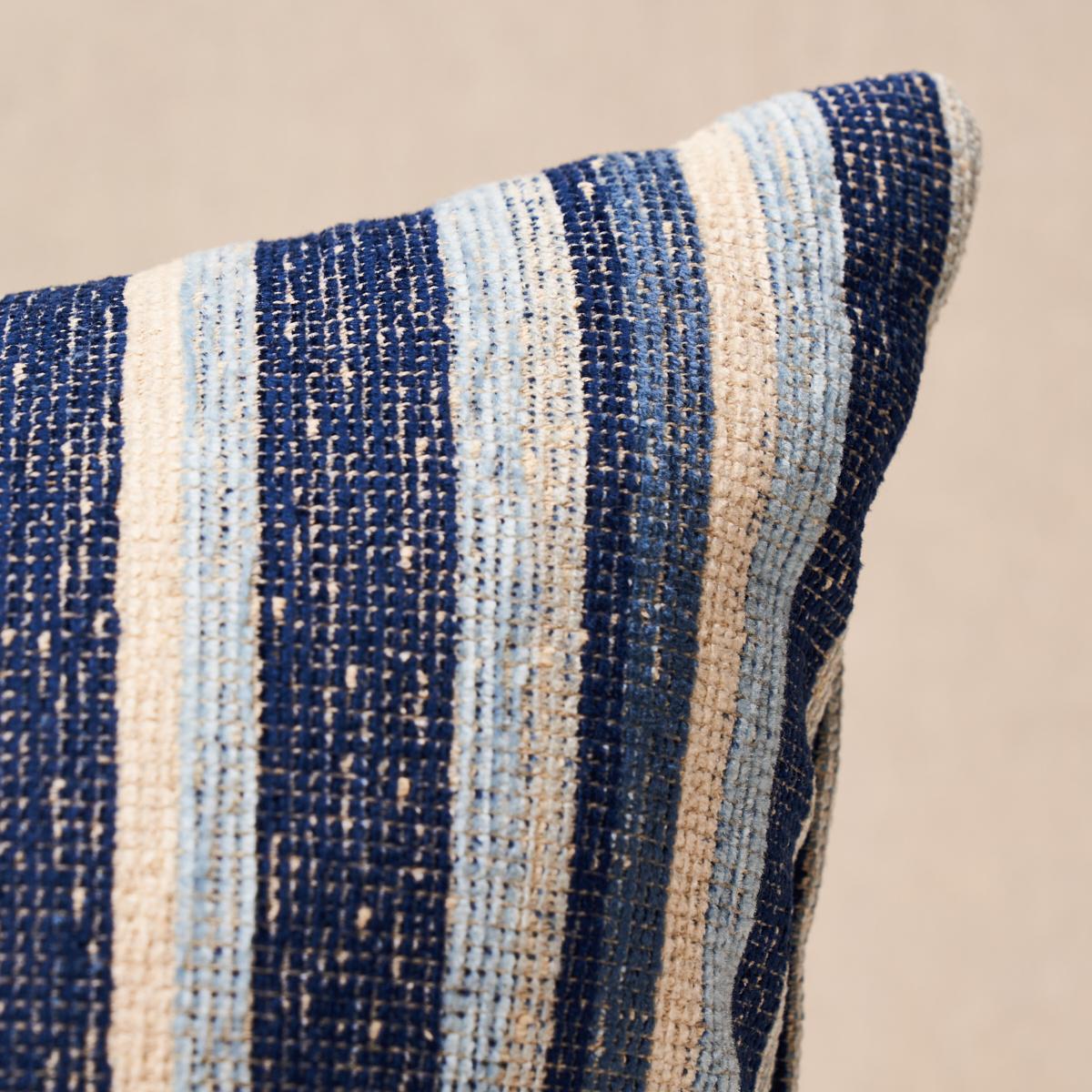 This pillow features Tierra Stripe with a knife edge finish. Inspired by a vintage handwoven blanket, this textural, tonal offset stripe in blue gets its velvety hand from a blend of chunky cotton and linen chenille yarns. Soft yet substantial,