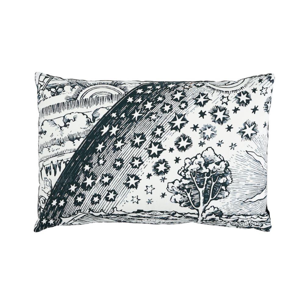 Ce coussin est orné de la bande Tim Tim de Johnson Hartig/Libertine pour Schumacher, avec une finition en forme de couteau. Cette toile stratifiée à l'influence mystique, inspirée des dessins de la Renaissance, est dans l'air du temps, grâce à une