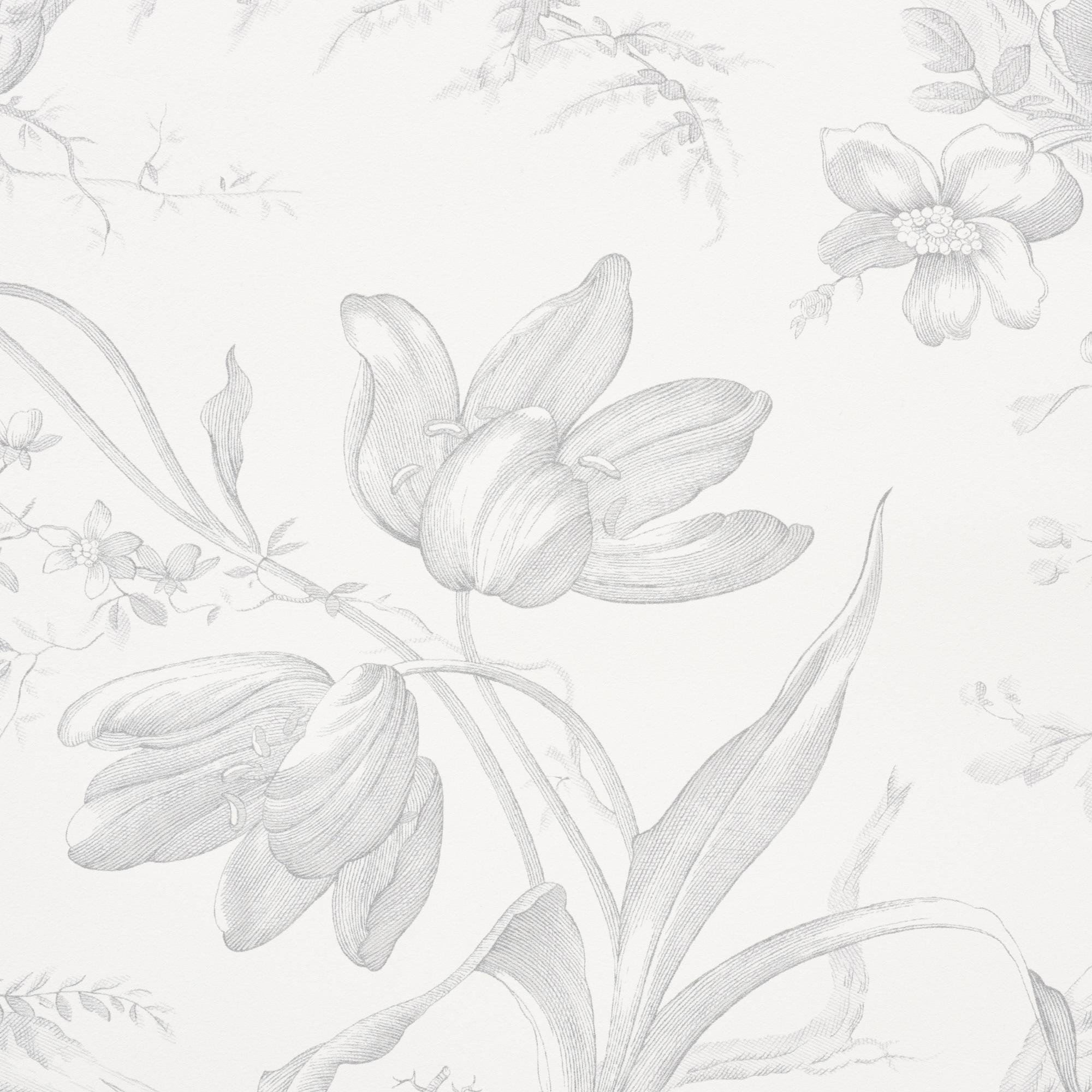 Modern Schumacher Toile De Fleurs Wallpaper in Grisaille For Sale