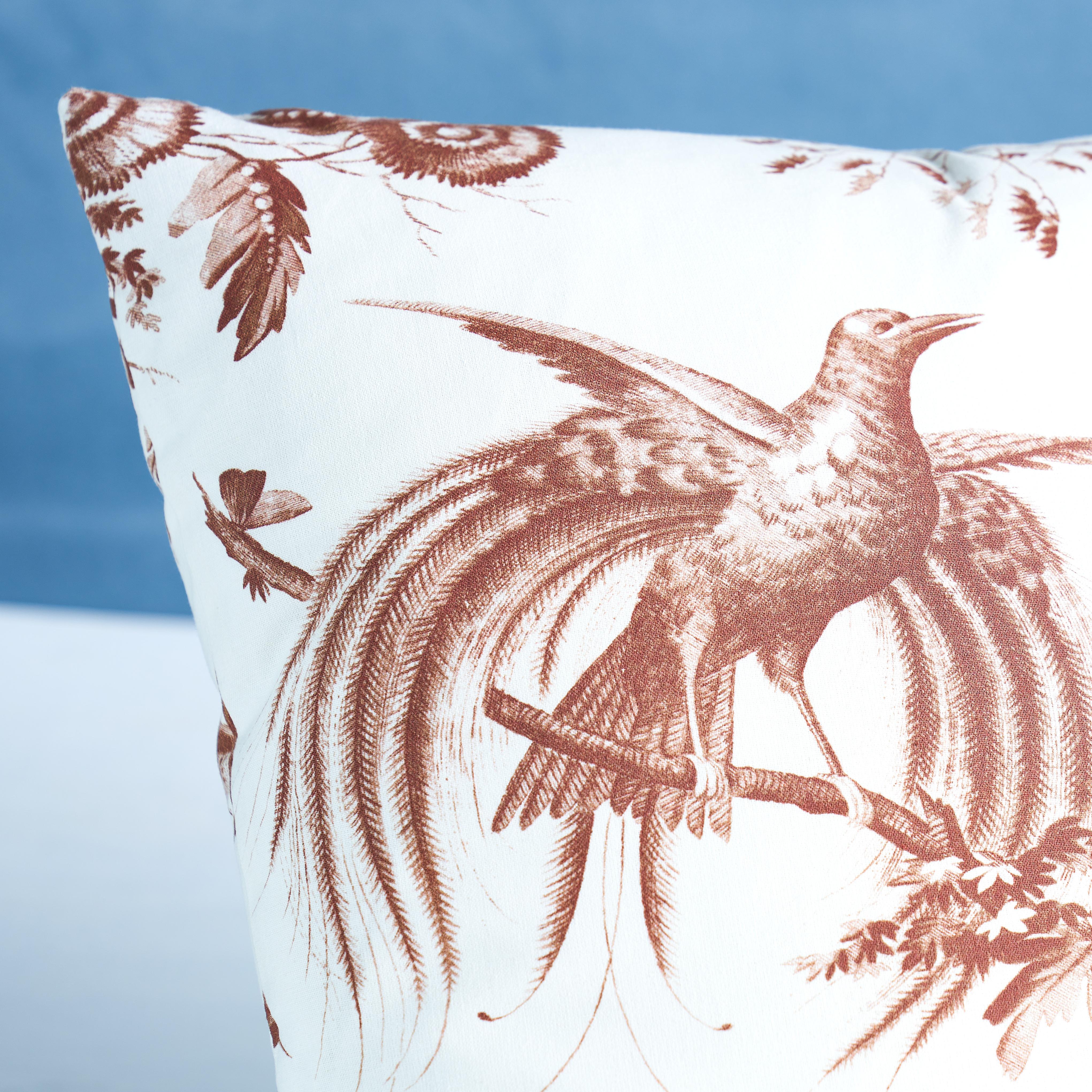 This pillow features Toile De La Prairie with a knife edge finish. A meadow‚Äôs worth of songbirds, butterflies, blooming branches, and seed pods intermingle on this bucolic pattern, recast from a circa-1820 toile. Pillow includes a feather/down