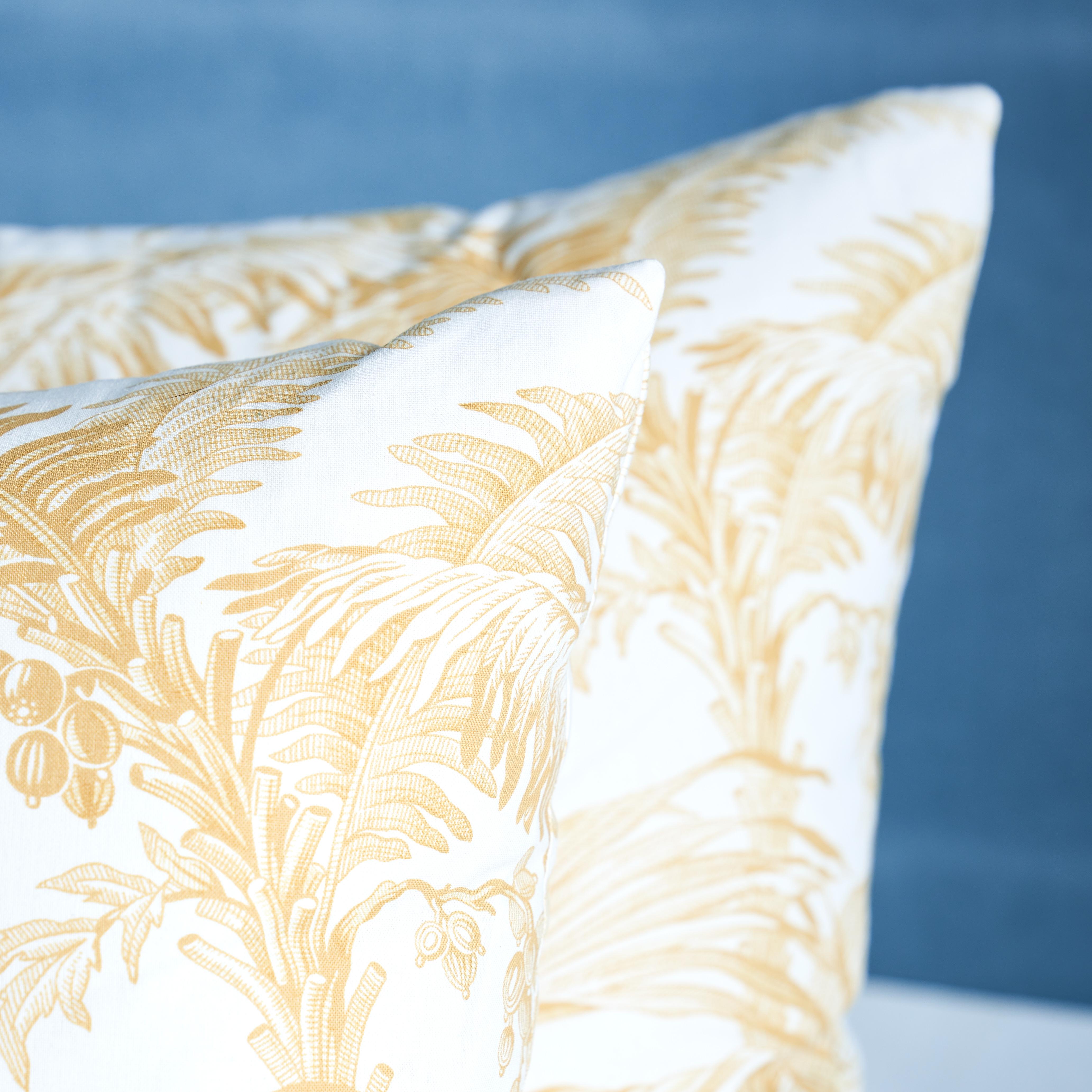 French Schumacher Toile Tropique Pillow in Gold For Sale