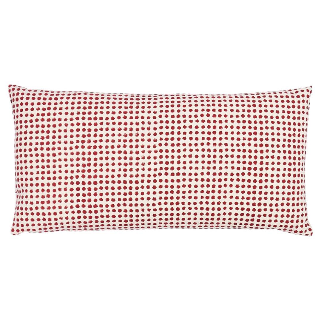 This pillow features Tulip on front with Seed on back, both by Molly Mahon for Schumacher with a knife edge finish. In Tulip, simple floral motifs are almost personified, reaching outward and bursting with cheerful color. A small-scale cotton fabric