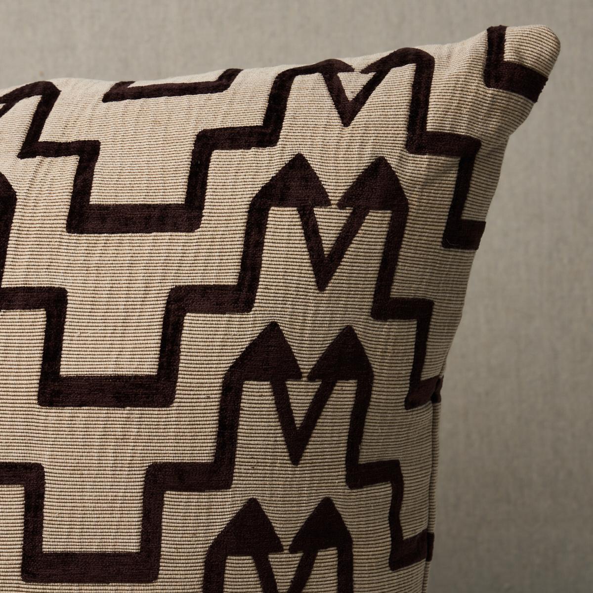 This pillow features Turkish Step by David Kaihoi for Schumacher with a knife edge finish. Designed by David Kaihoi, Turkish Step in brown is a handsome, low-pile chenille fabric that feels wonderfully modern and ethnic all at once. Pillow includes