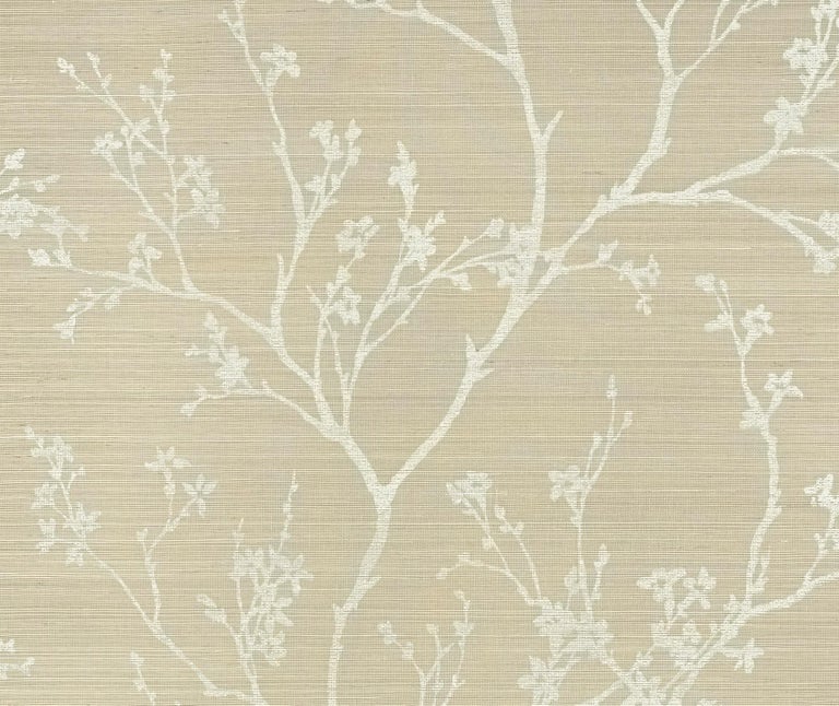 Schumacher Twiggy Sisal Floral Hand-Printed Wallpaper in Fog For Sale ...