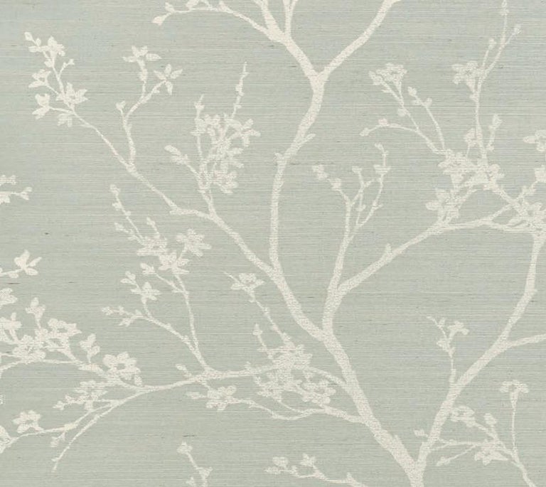 Schumacher Twiggy Sisal Floral Hand-Printed Wallpaper in Sky For Sale