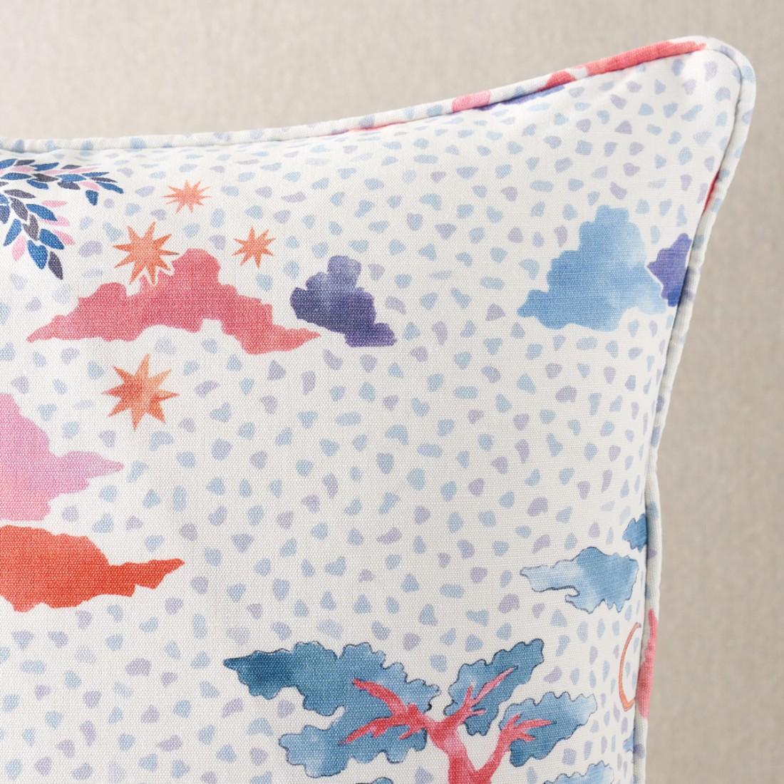 This pillow features Valetta by Happy Menocal for Schumacher with a self-welt finish. Inspired by the ancient capital of Malta, Valetta evokes the romance of a distant land with its exotic trees and celestial bodies floating on a stippled oceanic