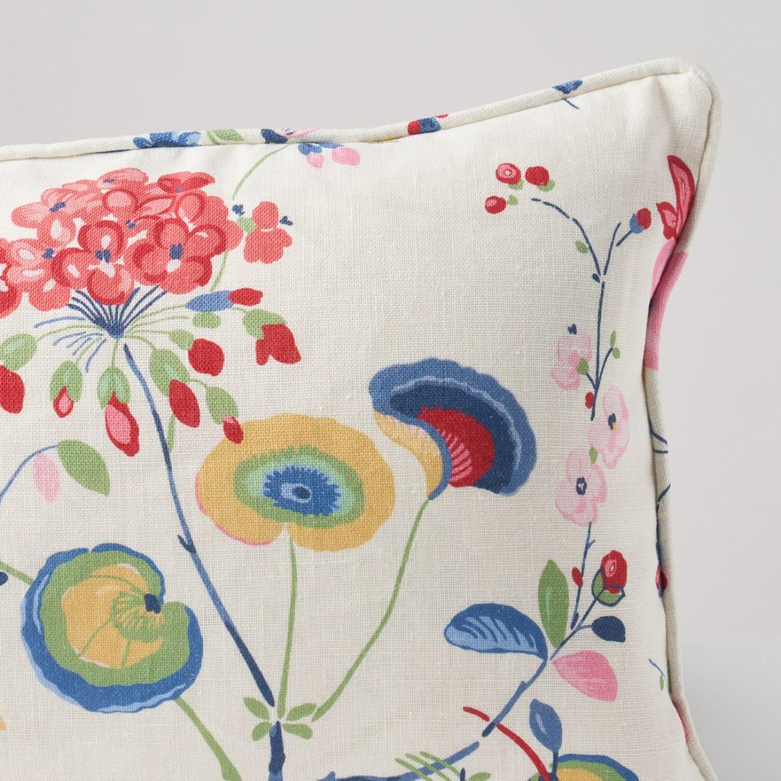 This pillow features Vasily Linen with a self welt finish. Artfully abstracted, Vasily Linen in multi is based on a 1930s pattern with a quirky, sophisticated sensibility. Decorated with geraniums, peculiar berries and fruit-like forms, this printed