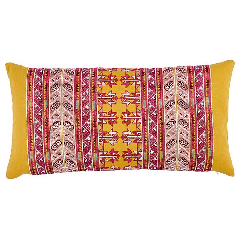 Schumacher Vinka Embroidery 24" Lumbar Pillow in Pink & Yellow