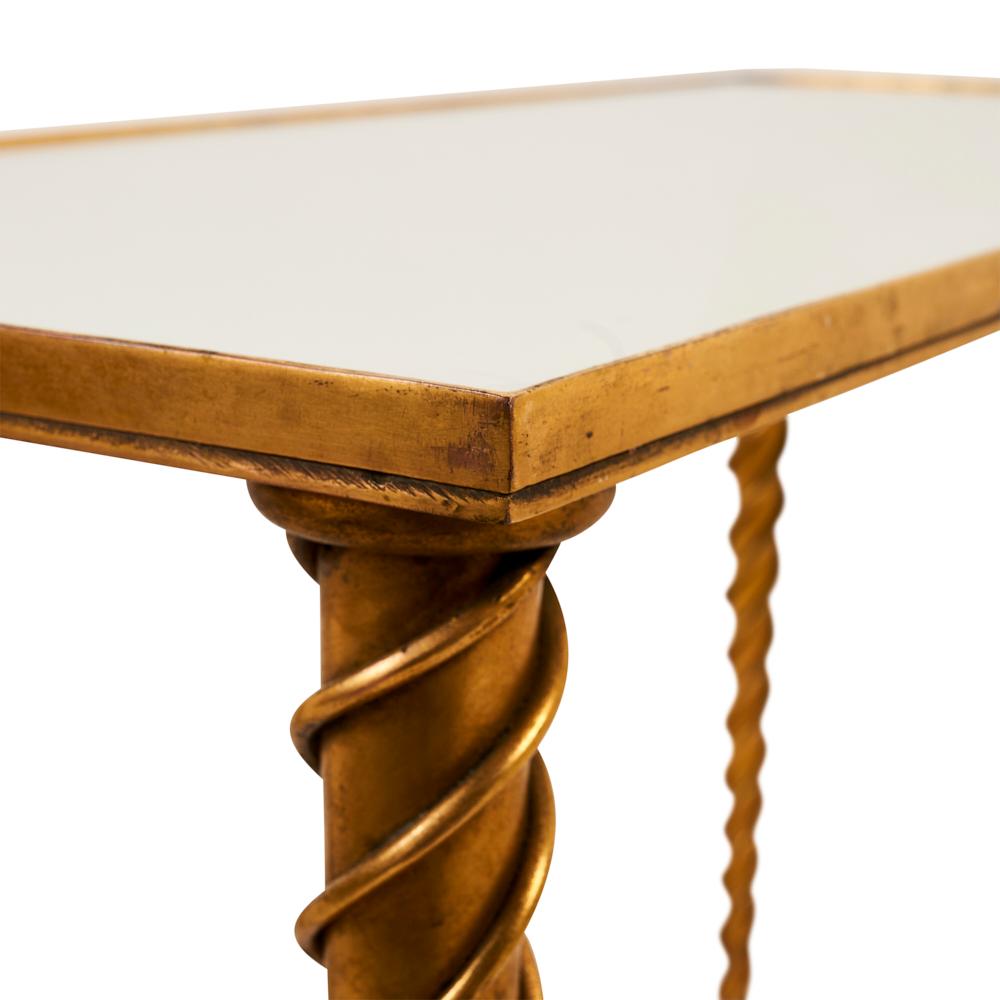 Belge Schumacher table d'appoint vintage en laiton et miroir avec pieds en spirale en vente