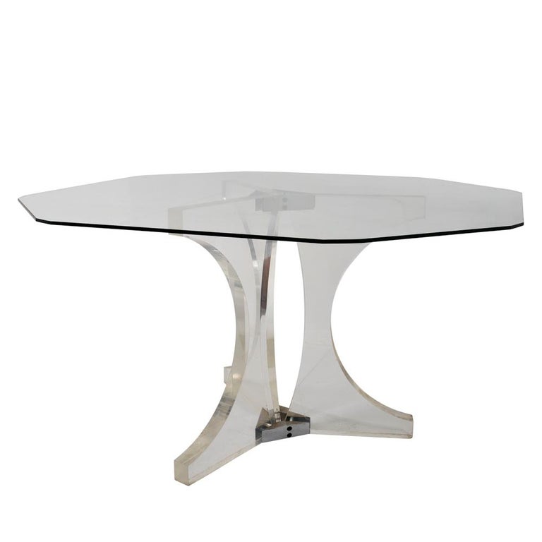 Modern Schumacher Vintage Plexiglass Dining Table with Original Octangle Glass Top For Sale