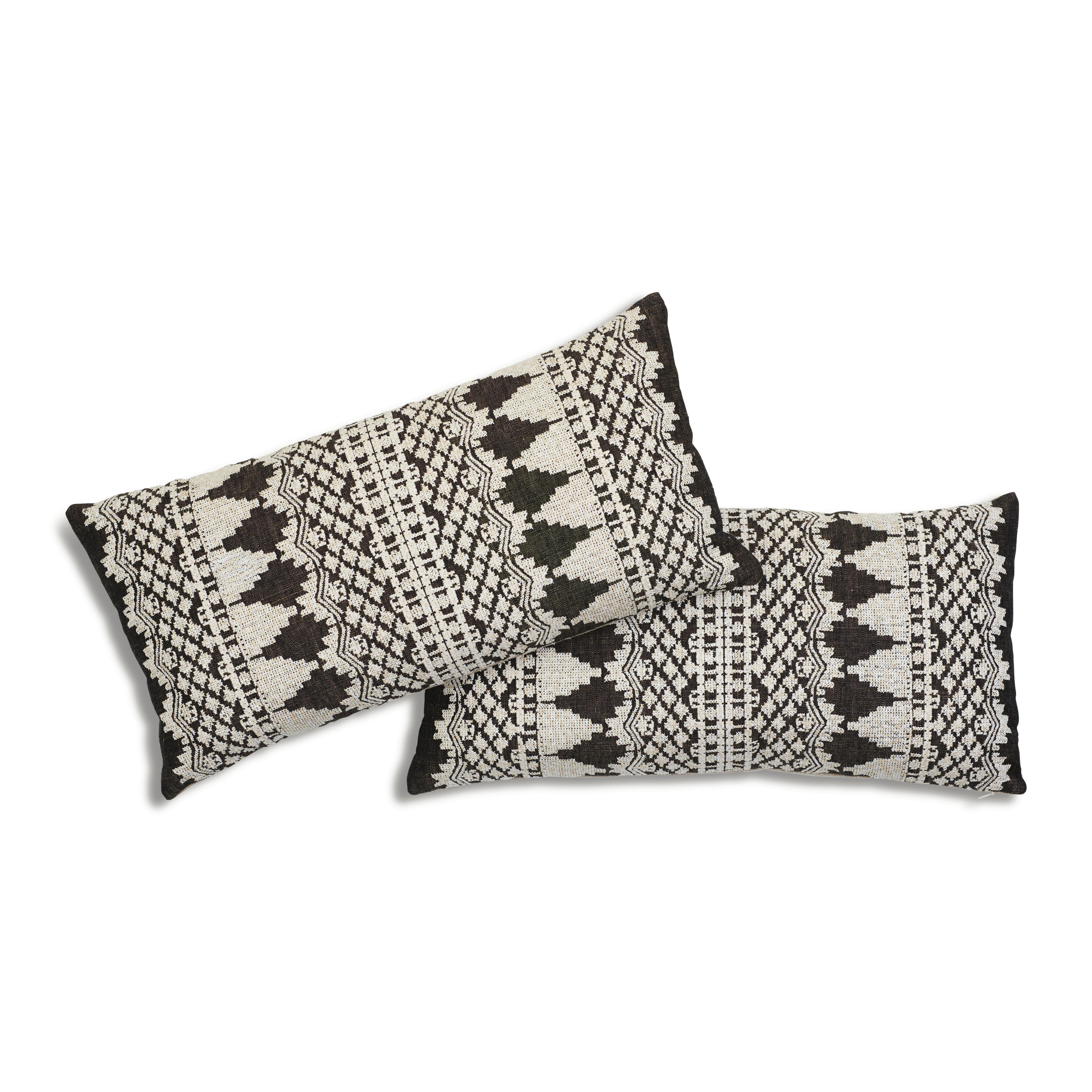 Modern Schumacher Wentworth Embroidery Carbon Linen Cotton Lumbar Pillow For Sale