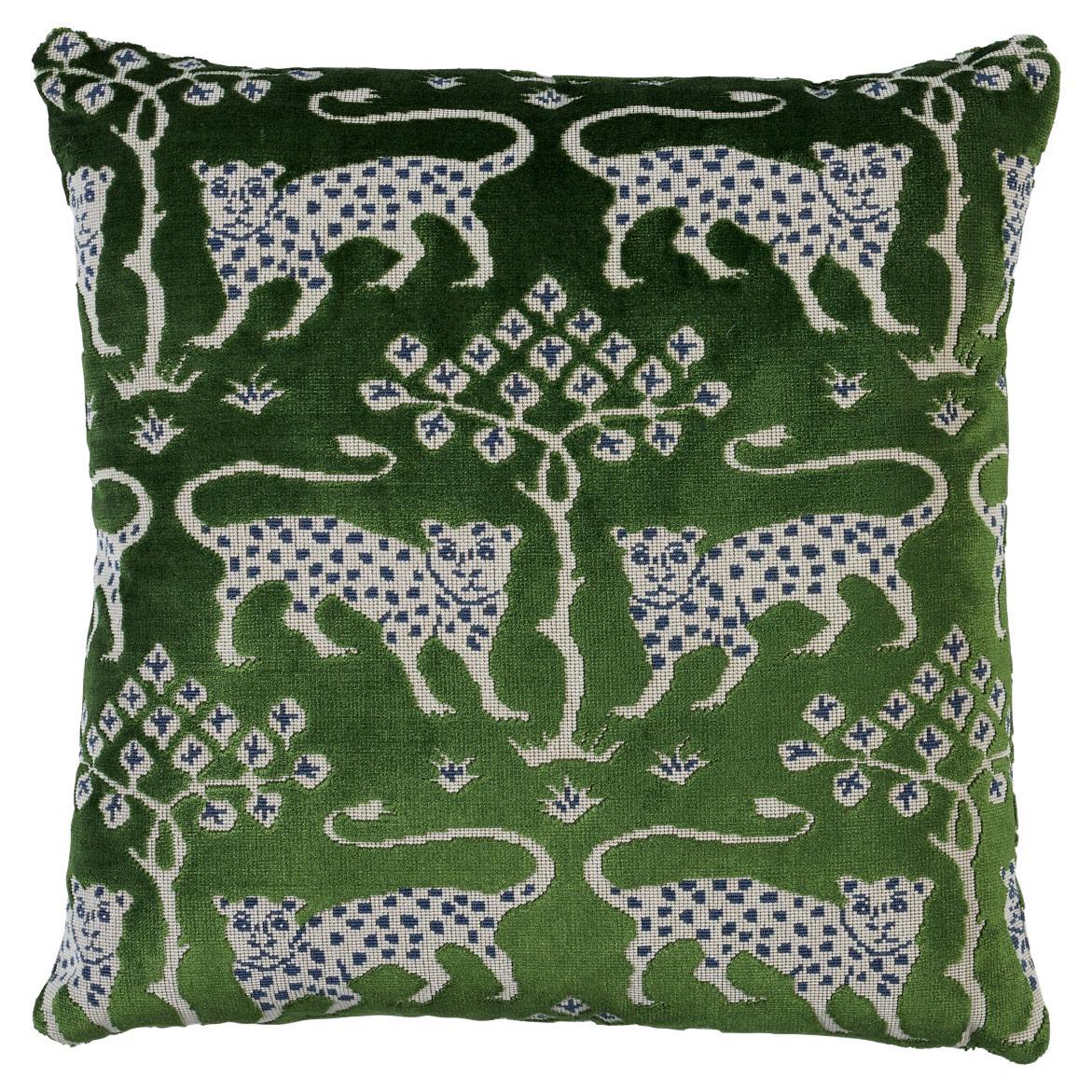 Schumacher Woodland Leopard Velvet 18" Pillow in Emerald For Sale