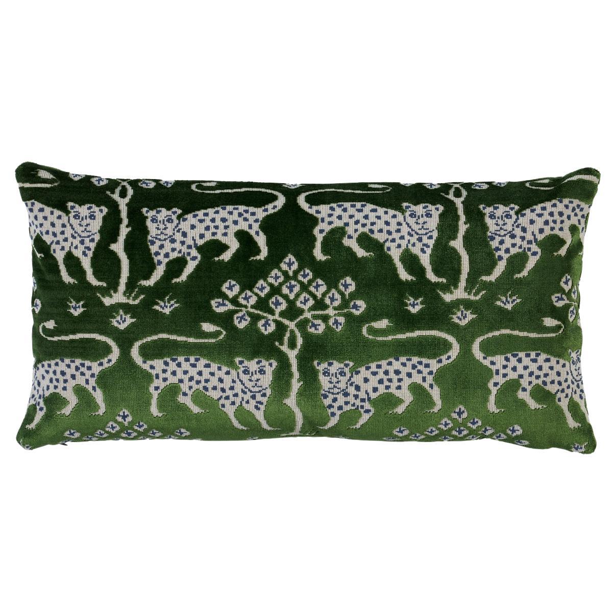 Schumacher Woodland Leopard Velvet 24x12" Pillow in Emerald For Sale