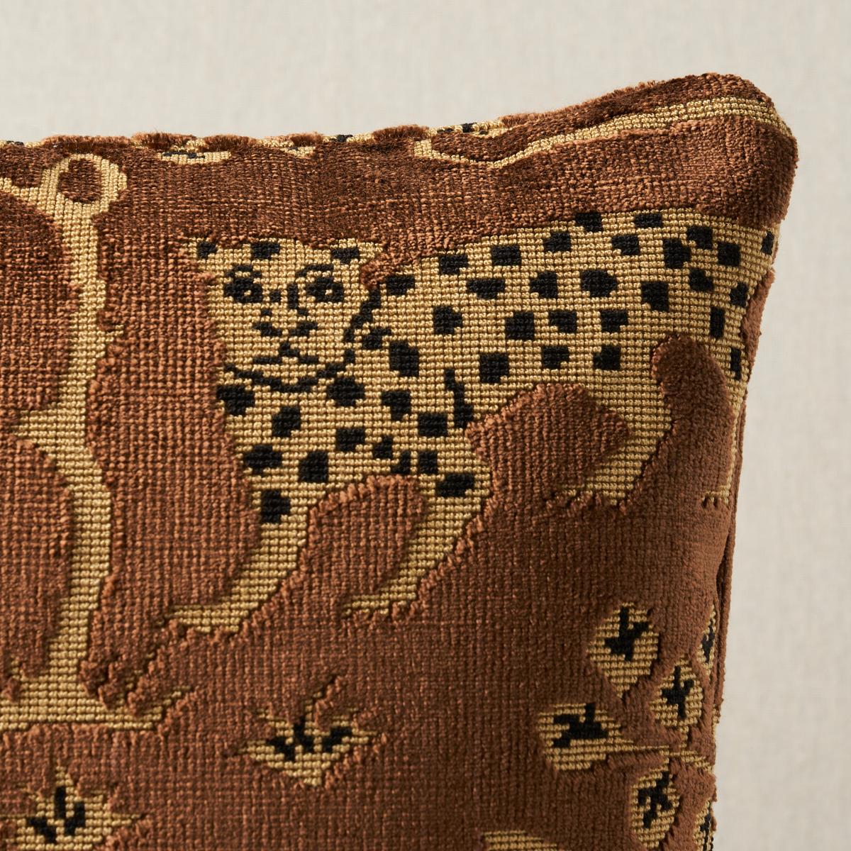 This pillow features Woodland Leopard Velvet with a knife edge finish. A host of historic paintings and textiles served as source material for this fabulously stylized leopard and tree motif. The midscale mirrored repeat design combines loop-and-cut
