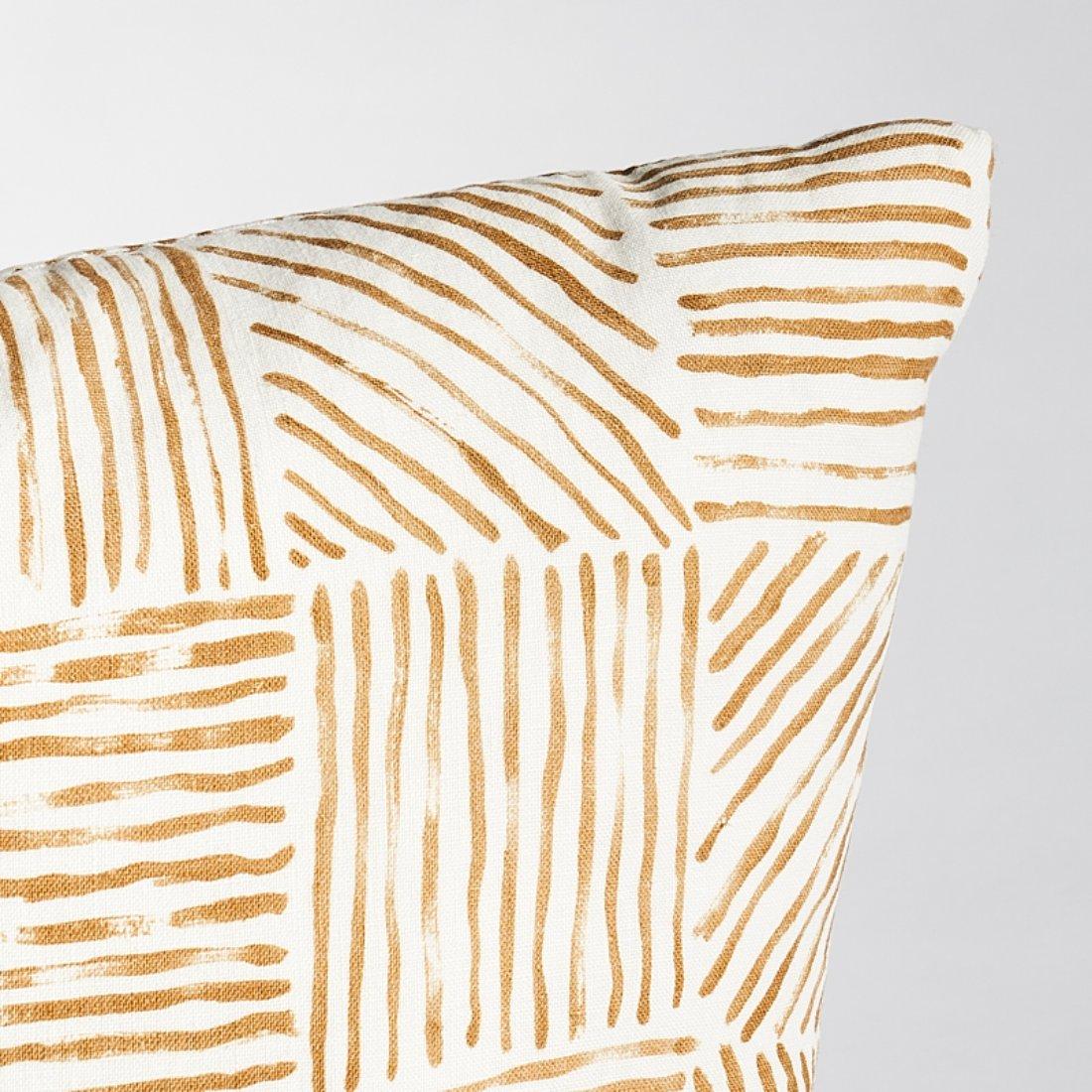 This pillow features Katama by Caroline Z Hurley for Schumacher with a Knife Edge finish. Designed by artist Caroline Z Hurley in her Brooklyn studio, Katama is a deceptively simple linear block pattern that reveals the artist’s brush work. Pillow