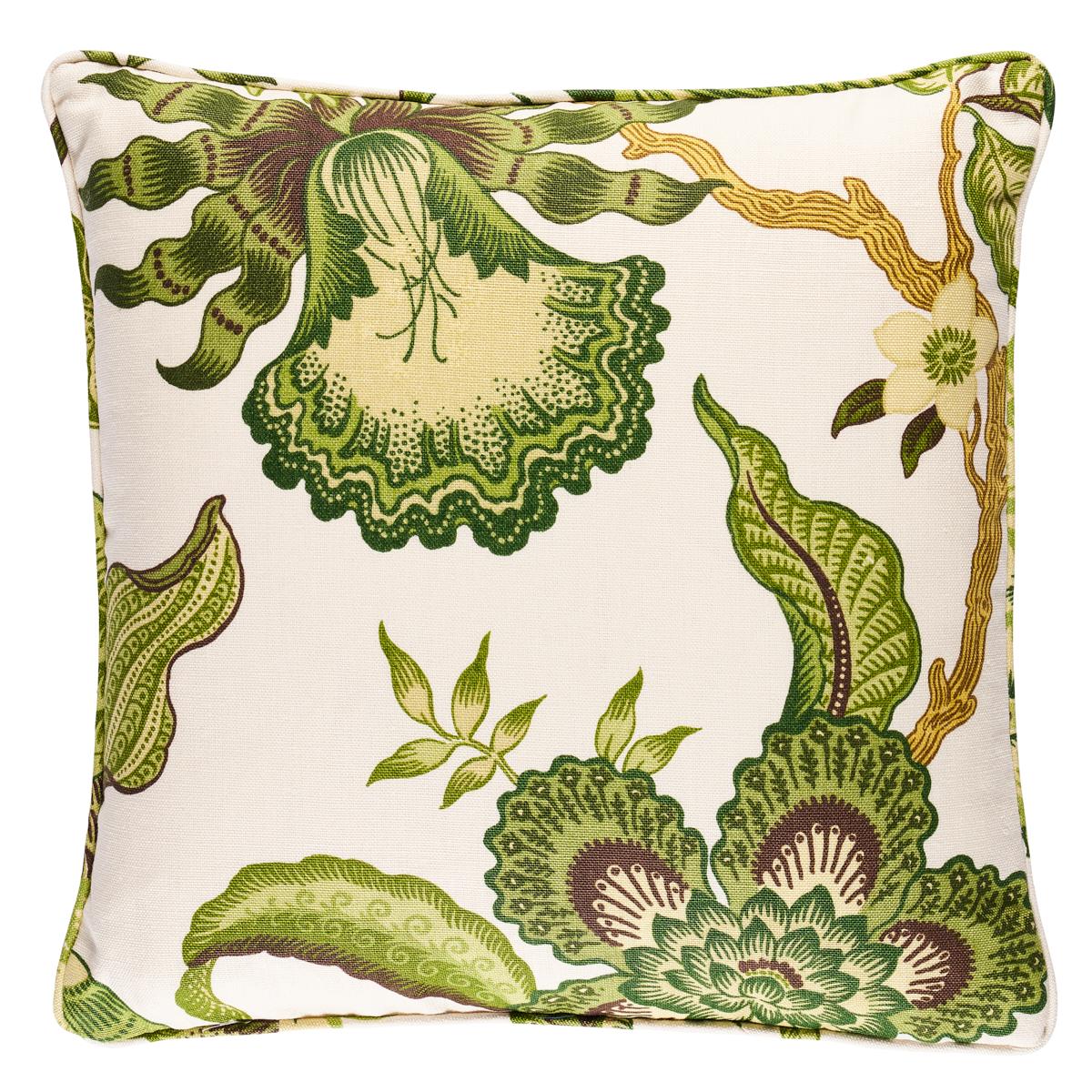 This pillow features Hothouse Flowers by Celerie Kemble for Schumacher with a self welt finish. A classic tree of life pattern with a twist. The dramatically scaled print combines stylized exotic motifs with an au courant palette. Pillow includes a