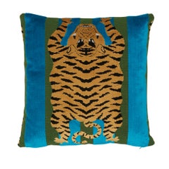 Schumacher x Johnson Hartig Jokhang Tiger Velvet Peacock Olive Two-Sided Pillow