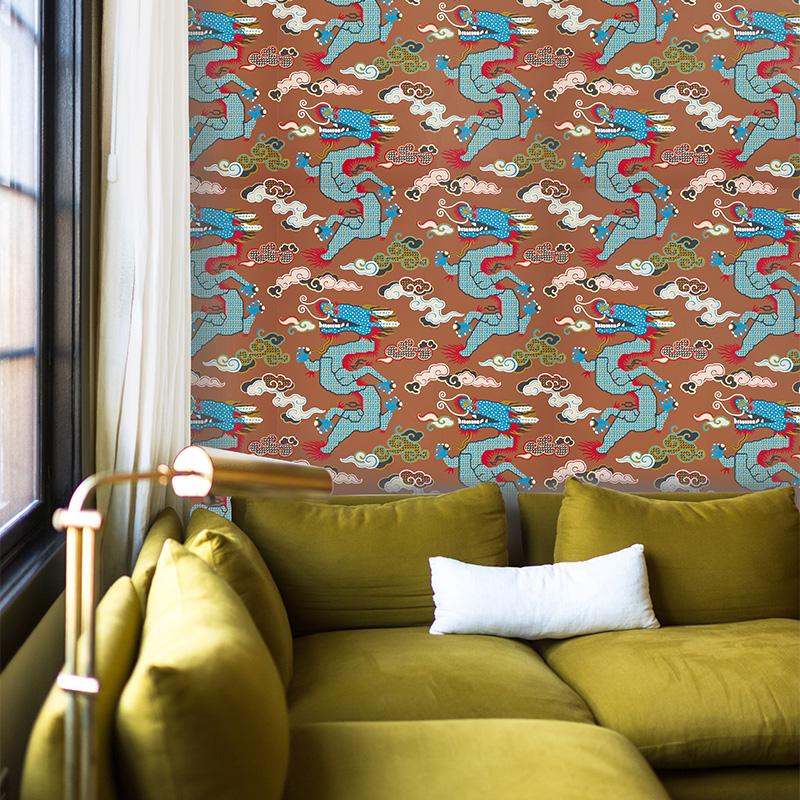 Contemporary Schumacher x Johnson Hartig Magical Ming Dragon in Brown For Sale