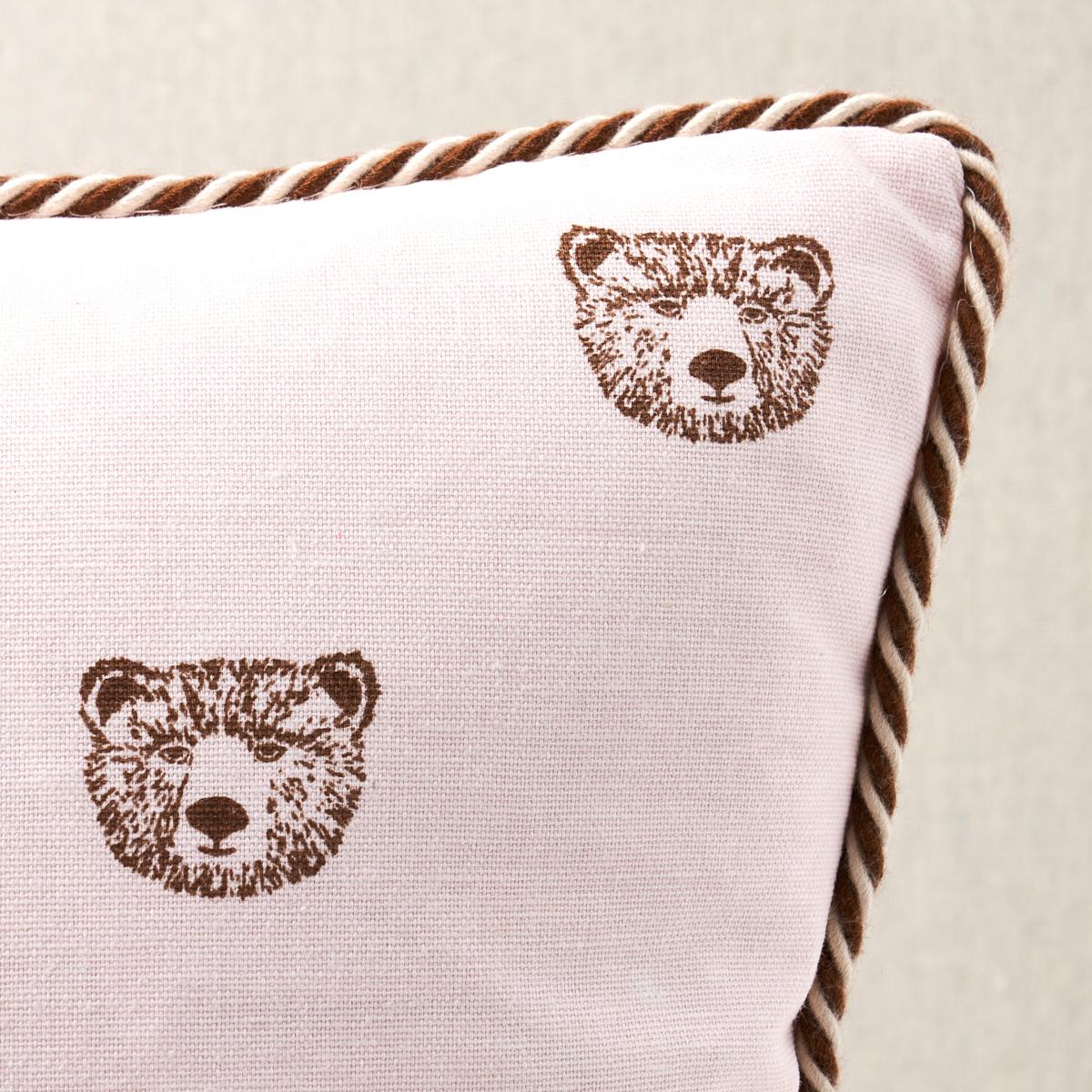 This pillow features Bear High Performance Print by Marie-Chantal of Greece for Schumacher. Marie-Chantal’s Bear High Performance Print in blush is a small-scale ursine pattern on a cotton-linen ground. Pillow is finished with a welt in Capri