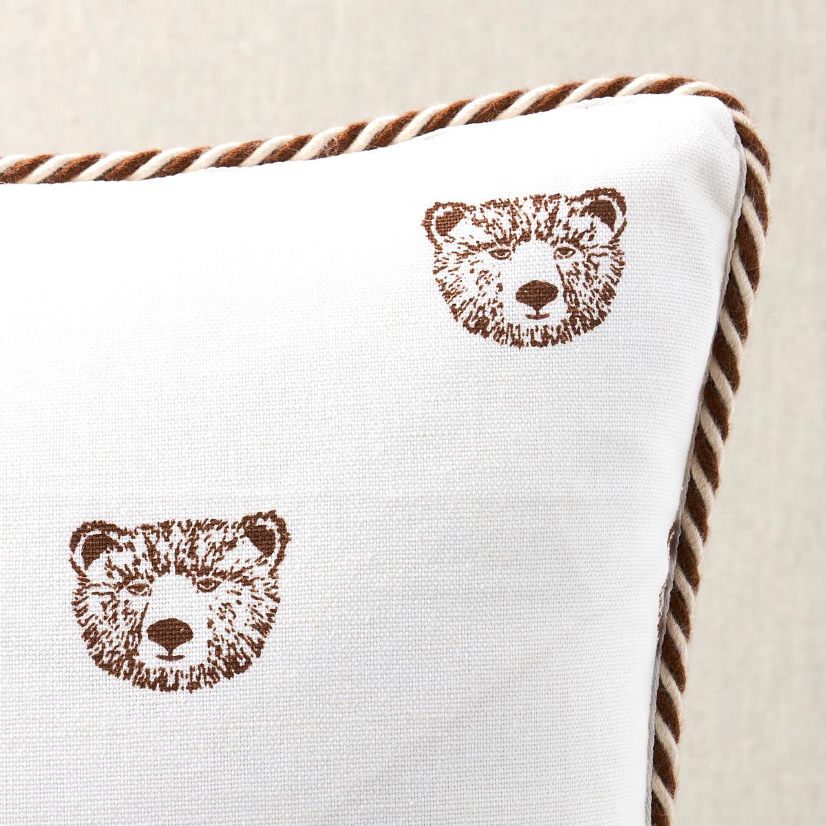 This pillow features Bear High Performance Print by Marie-Chantal of Greece for Schumacher. Marie-Chantal’s Bear High Performance Print in ivory is a small-scale ursine pattern on a cotton-linen ground. Pillow is finished with a welt in Capri