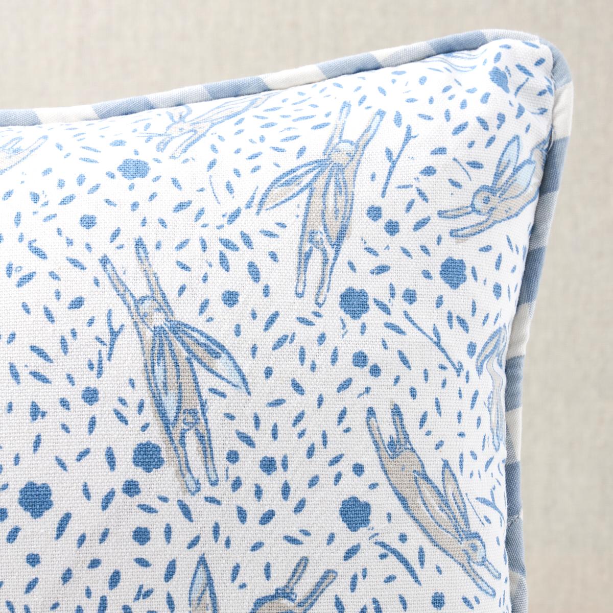 This pillow features Rabbit High-Performance Print by Marie-Chantal of Greece for Schumacher. Marie-Chantal’s Rabbit High-Performance Print in blue is a cheery small-scale critter pattern on a lovely cotton-linen ground. Pillow is finished with a
