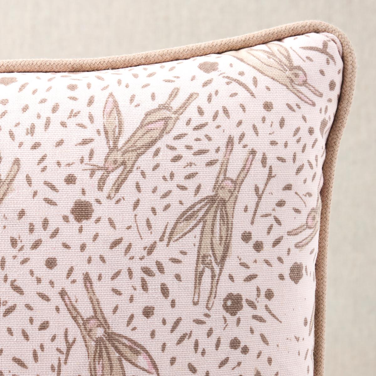 This pillow features Rabbit High-Performance Print by Marie-Chantal of Greece for Schumacher. Marie-Chantal’s Rabbit High-Performance Print in blush is a cheery small-scale critter pattern on a lovely cotton-linen ground. Pillow is finished with a