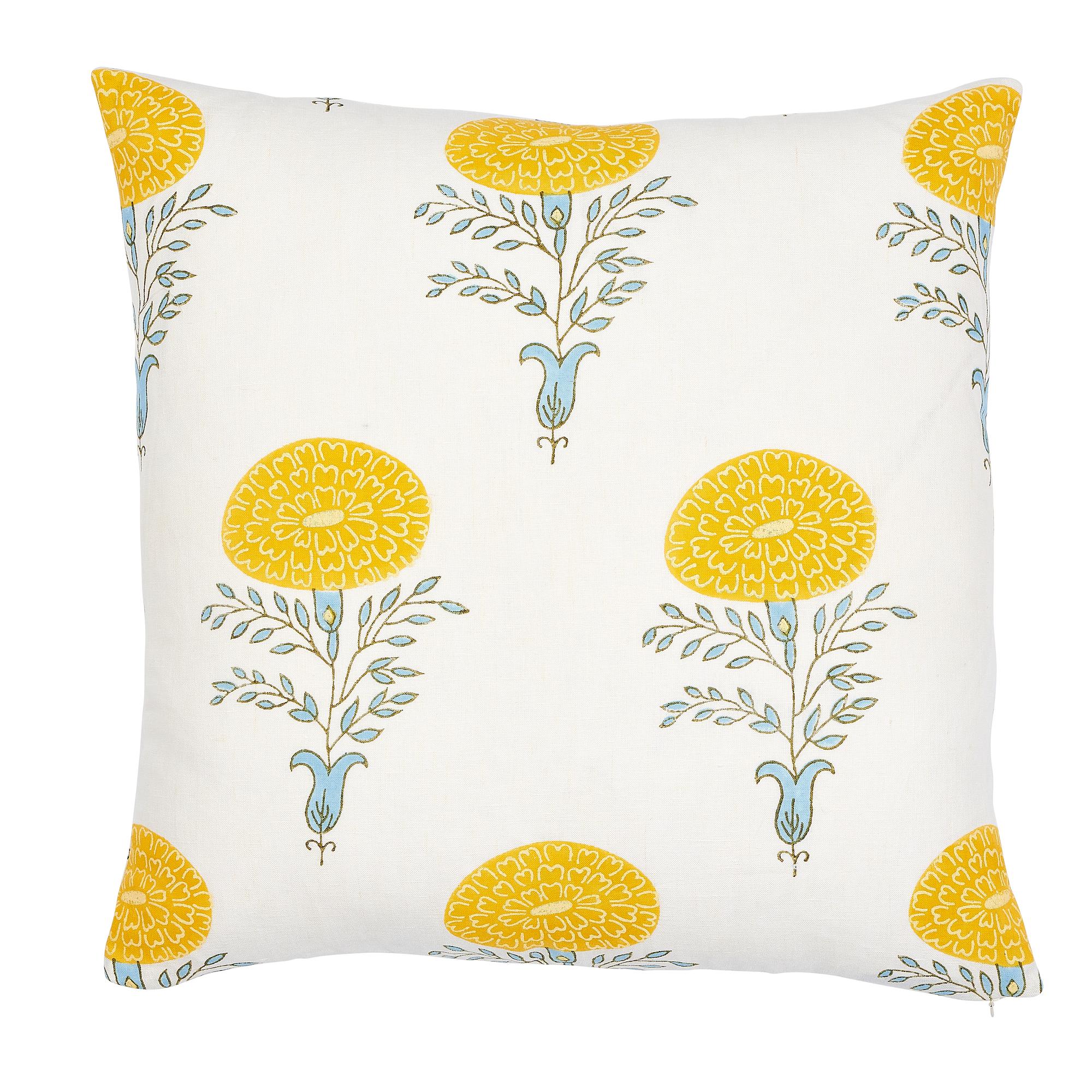 This pillow features Marigold by Molly Mahon for Schumacher with a knife edge finish. A happy, graphic ode to the marigold, one of Molly‚Äôs favorite flowers, and a symbol of passion and creativity on the Subcontinent. Hand-block printed in India by