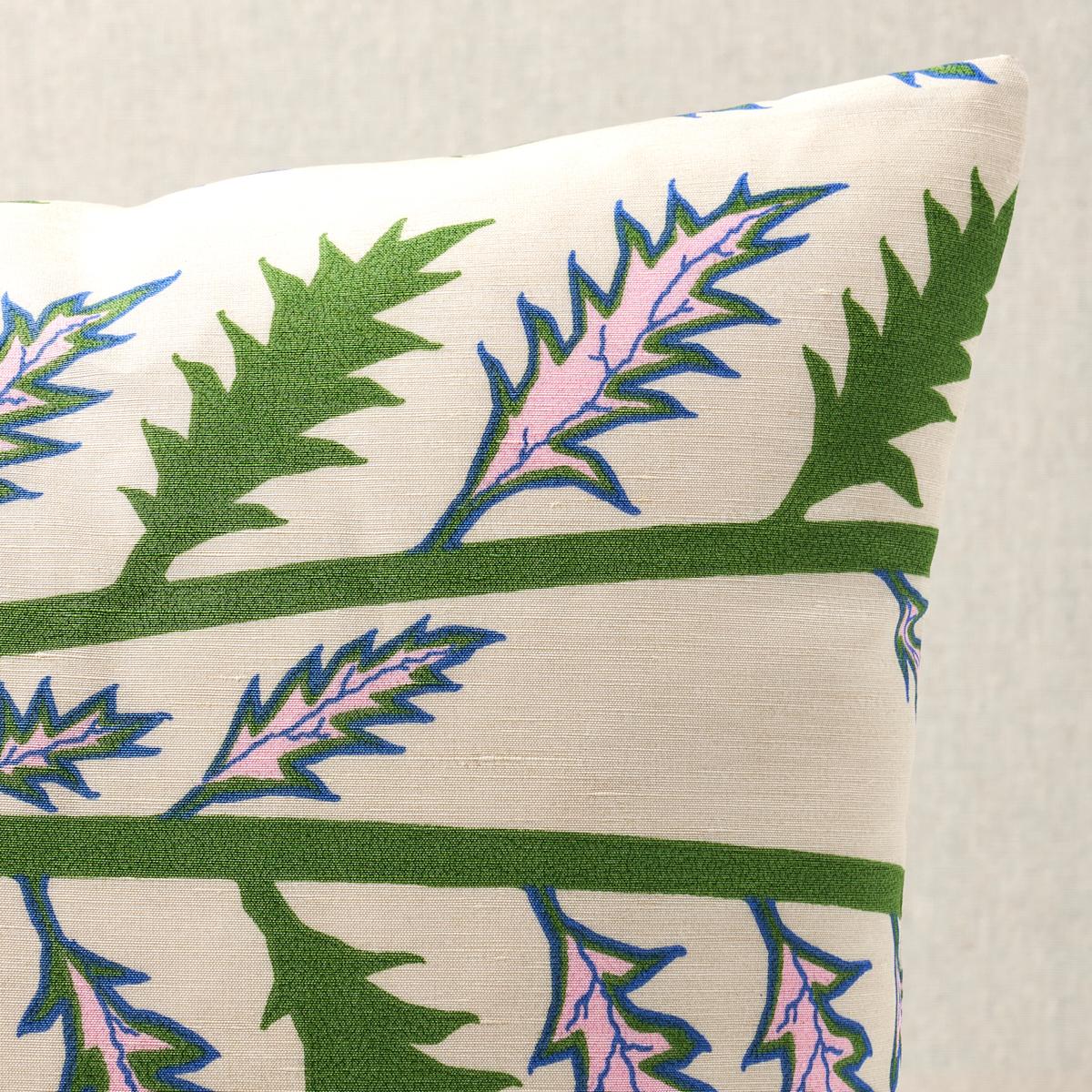 This pillow features Thistle by Neisha Crosland for Schumacher with a knife edge finish. As elegant as it is edgy, this fantastical thistle motif reflects Neisha Crosland’s passion for espaliers, trees trained to grow flat against a wall with the
