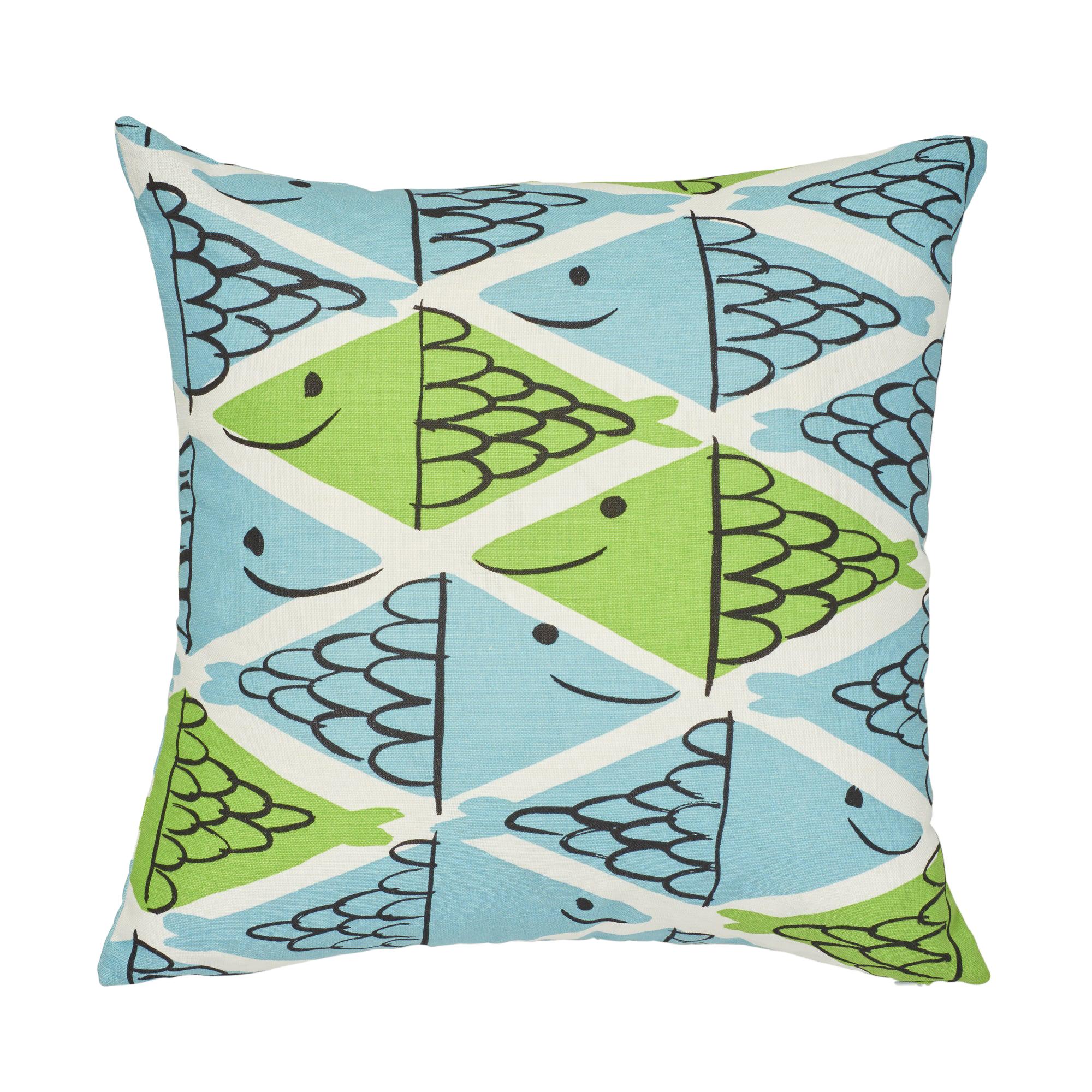 Schumacher x Vera Neumann Fish School Aqua 
Leaf Two-Sided Cotton Linen Pillow