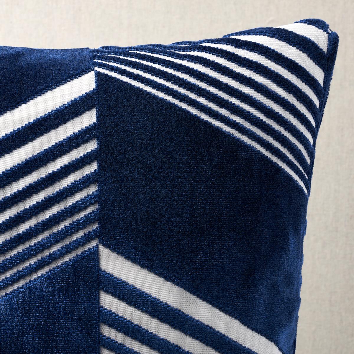 This pillow features Jessie Cut Velvet by Victor Glemaud for Schumacher with a knife edge finish. Created in collaboration with Haitian American fashion designer Victor Glemaud, Jessie Cut Velvet in navy & white is a stylish offset chevron design