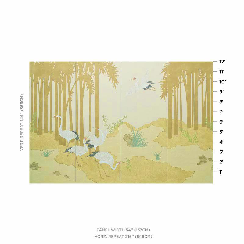 Elegant cranes meander and take flight through an enchanting forest of palm trees, or Yashinoki in Japanese. Based on an original painting by our design studio, the 4-panel Japanese mural is printed on a fibrous ground for the tactile look of