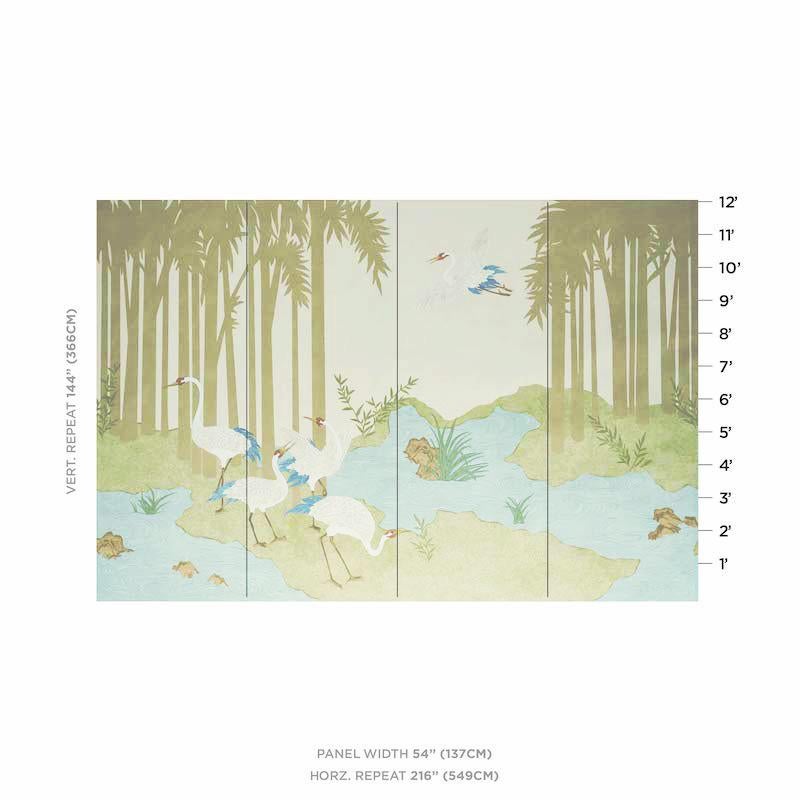 Elegant cranes meander and take flight through an enchanting forest of palm trees, or Yashinoki in Japanese. Based on an original painting by our design studio, the 4-panel Japanese mural is printed on a fibrous ground for the tactile look of