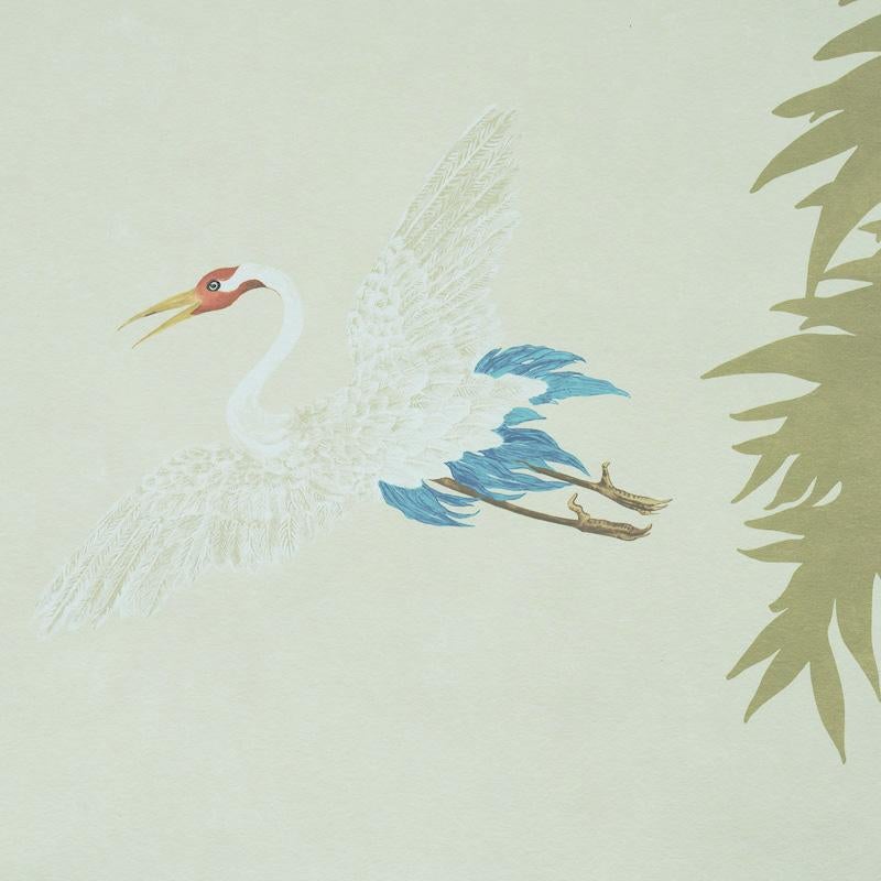 Chinoiserie Schumacher Yashinoki Crane Wallpaper Mural in Willow  For Sale