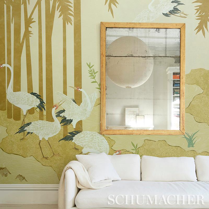 Schumacher Yashinoki Crane Wallpaper Mural in Willow  In New Condition For Sale In New York, NY