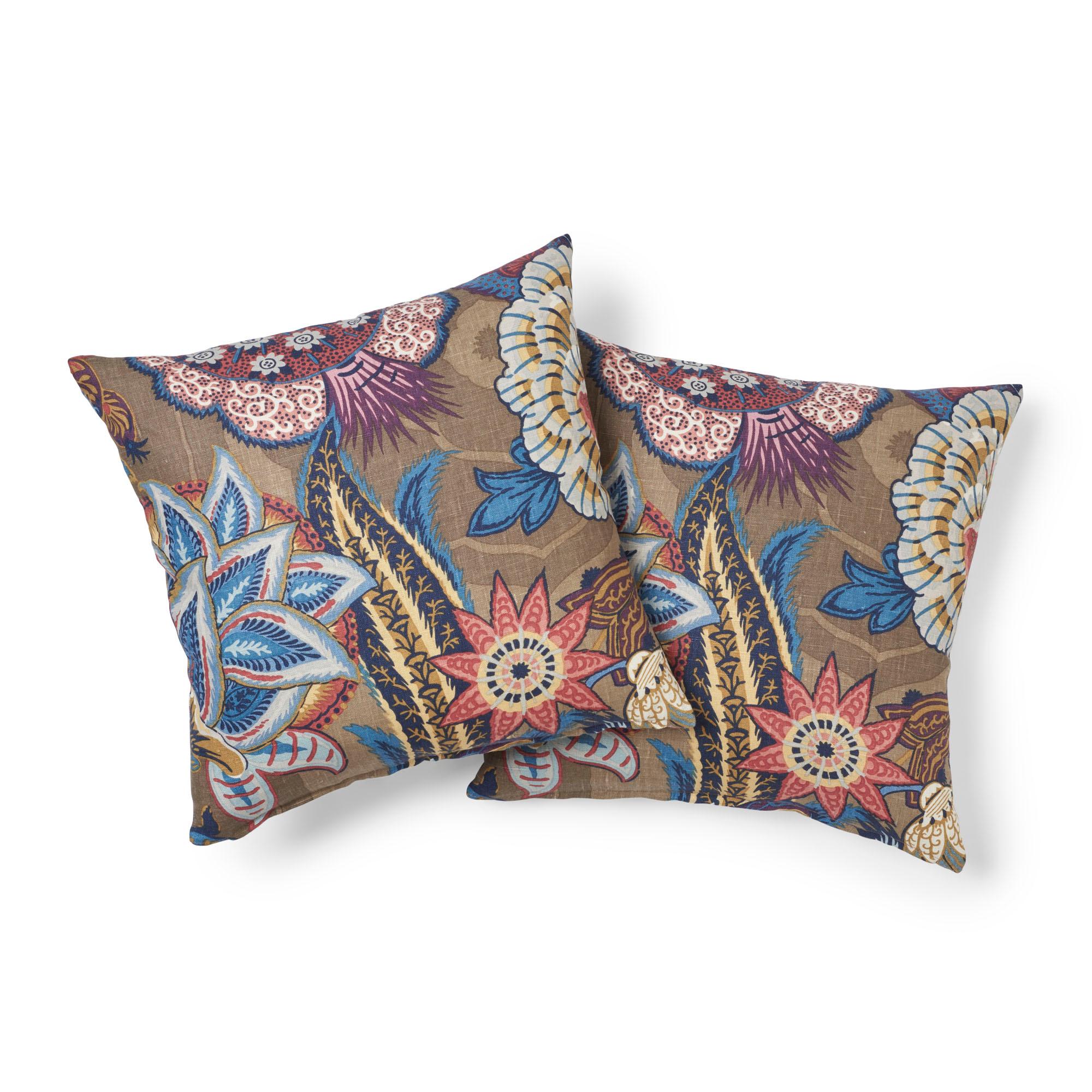 Modern Schumacher Zanzibar Linen Print Cerulean Two-Sided Floral Pillow