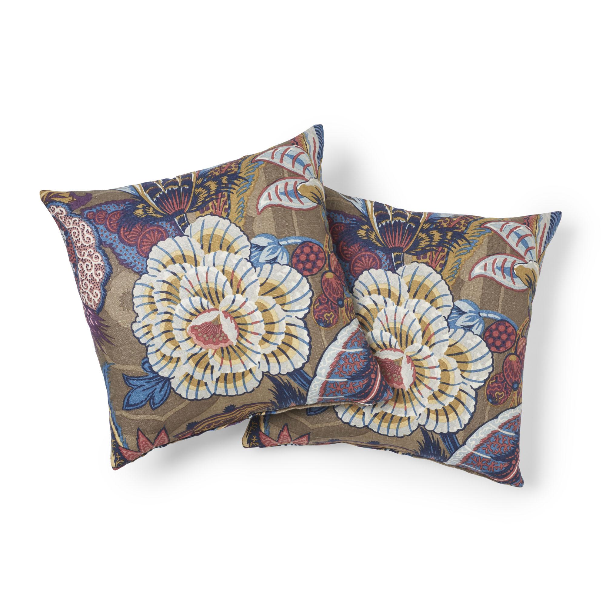 Thai Schumacher Zanzibar Linen Print Cerulean Two-Sided Floral Pillow