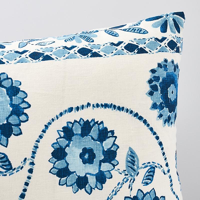 This pillow features Zinnia Handmade Print (Item# 179340, ZINNIA FABRIC) with a knife edge finish. This meandering mid-scale floral stripe is hand printed on linen and says ‚Äúcharm‚Äù with a capital C. Pillow includes a feather/down fill insert and