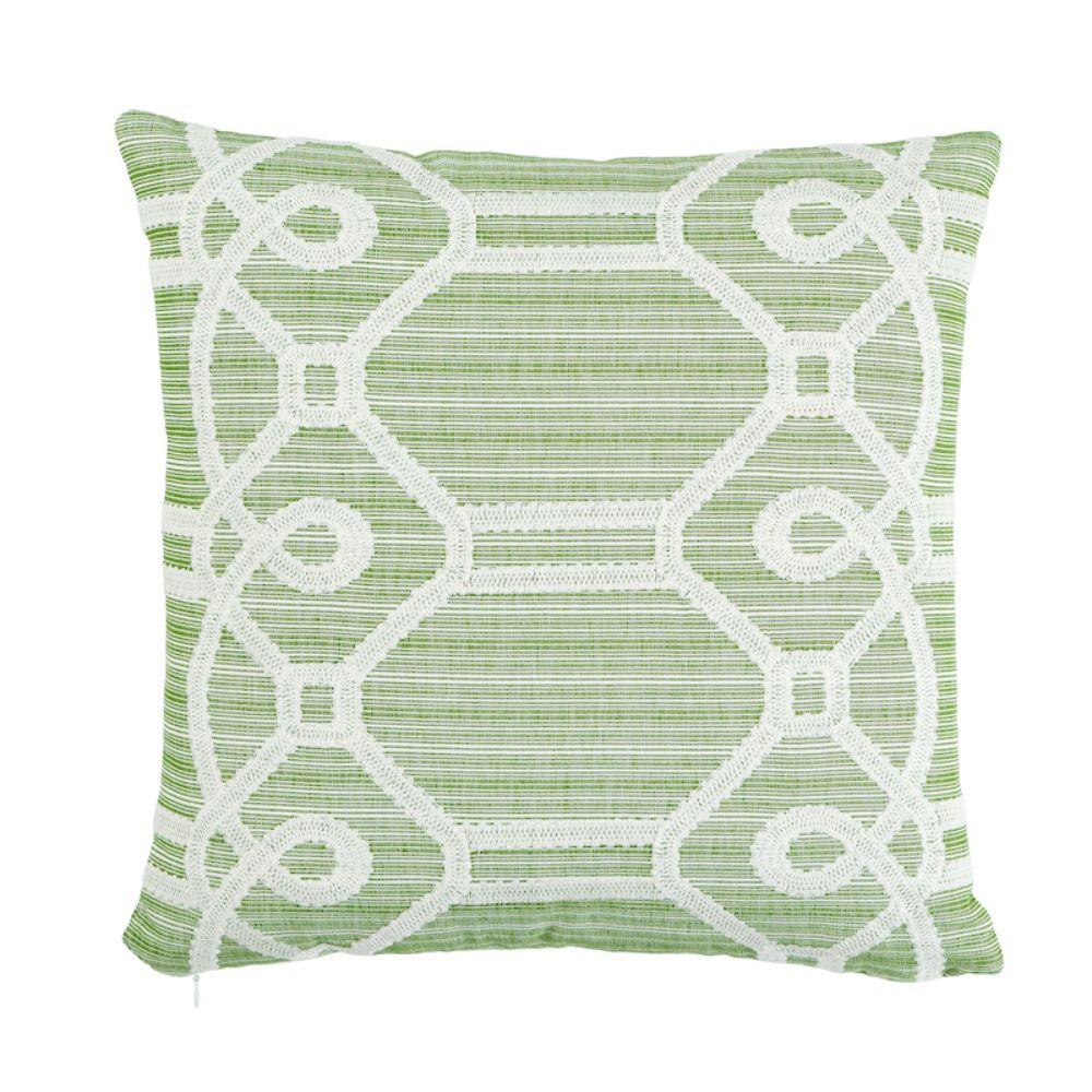 This pillow features Ziz Embroidery with a knife edge finish. With an intentionally irregular strie ground and a fanciful updated trellis pattern, Ziz Embroidery is truly unique, perfect for the sophisticate who appreciates the artisanal. Pillow