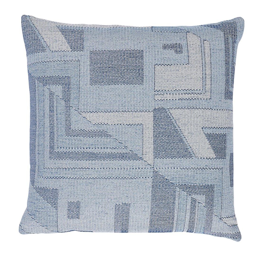 This pillow features Zsuzsa with a knife edge finish. A remarkable weave of flat and fluffy chenille yarns, Zsuzsa in chambray is a large-scale, deconstructed geometric pattern created through tone and texture. It is a subtle yet compelling