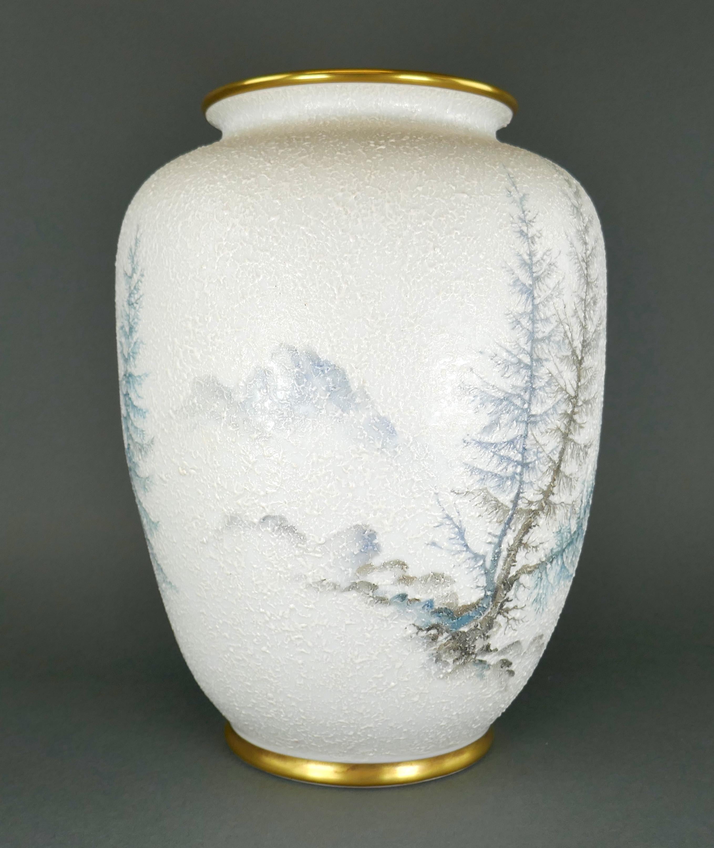20th Century Schumann Bavaria Mountain Snow Scene German Alps Moriage Porcelain Gilt Vase For Sale
