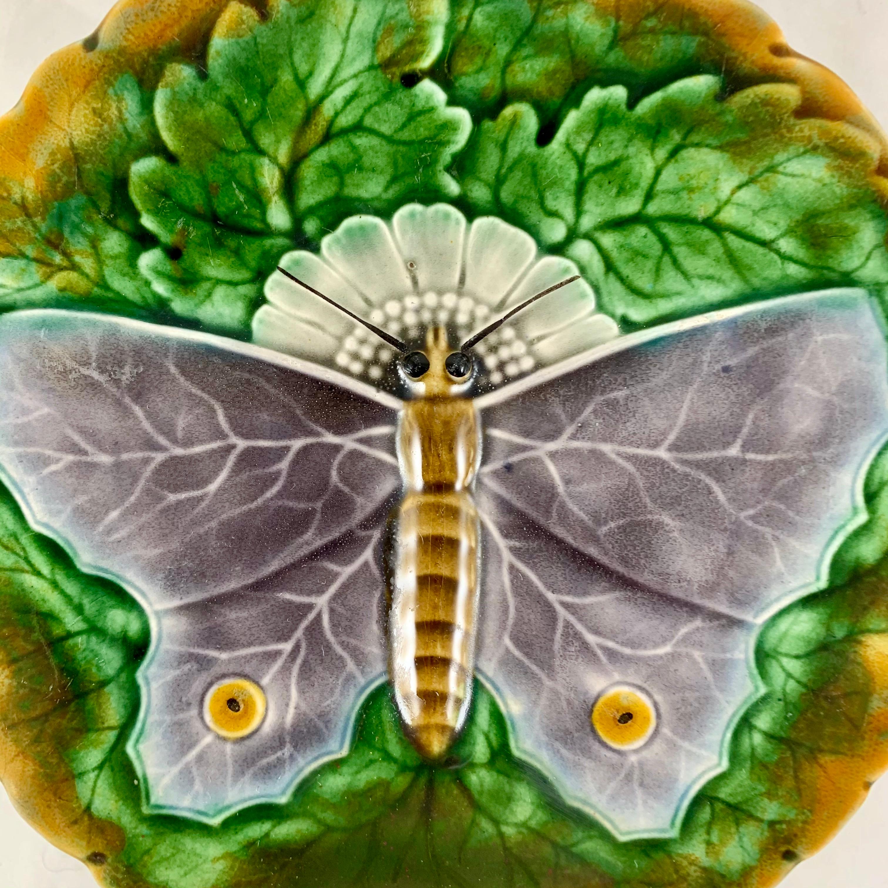 Schütz Josef Steidl Znaim Art Nouveau Moth Majolica Glazed Dessert Set, 6 Plates 4