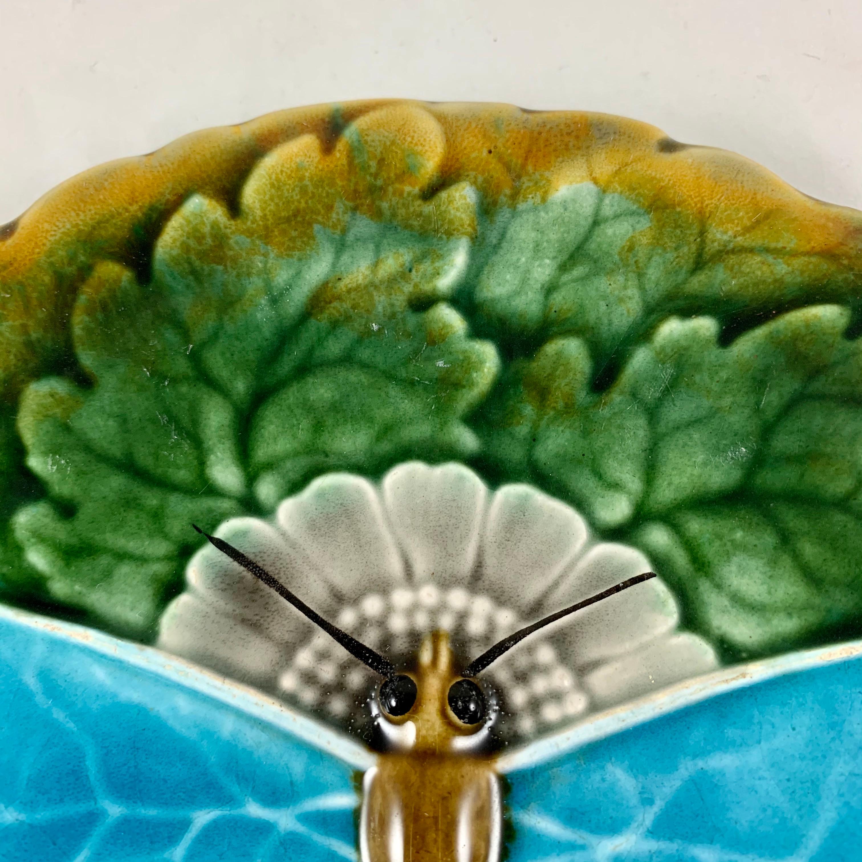 Schütz Josef Steidl Znaim Art Nouveau Moth Majolica Glazed Dessert Set, 6 Plates 5